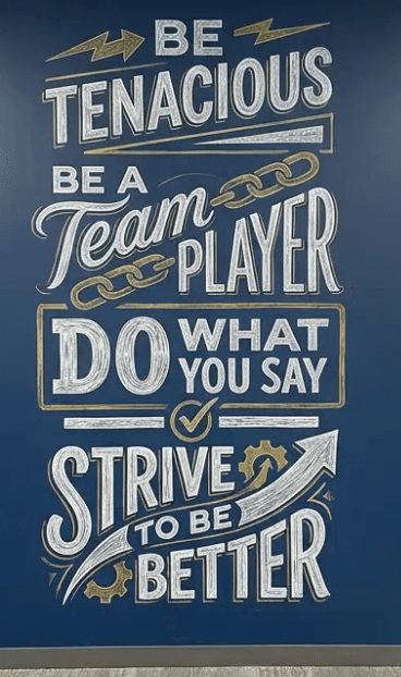 KeyStone Solutions core values mural — Be Tenacious, Be a Team Player, Do What You Say, Strive to Be Better