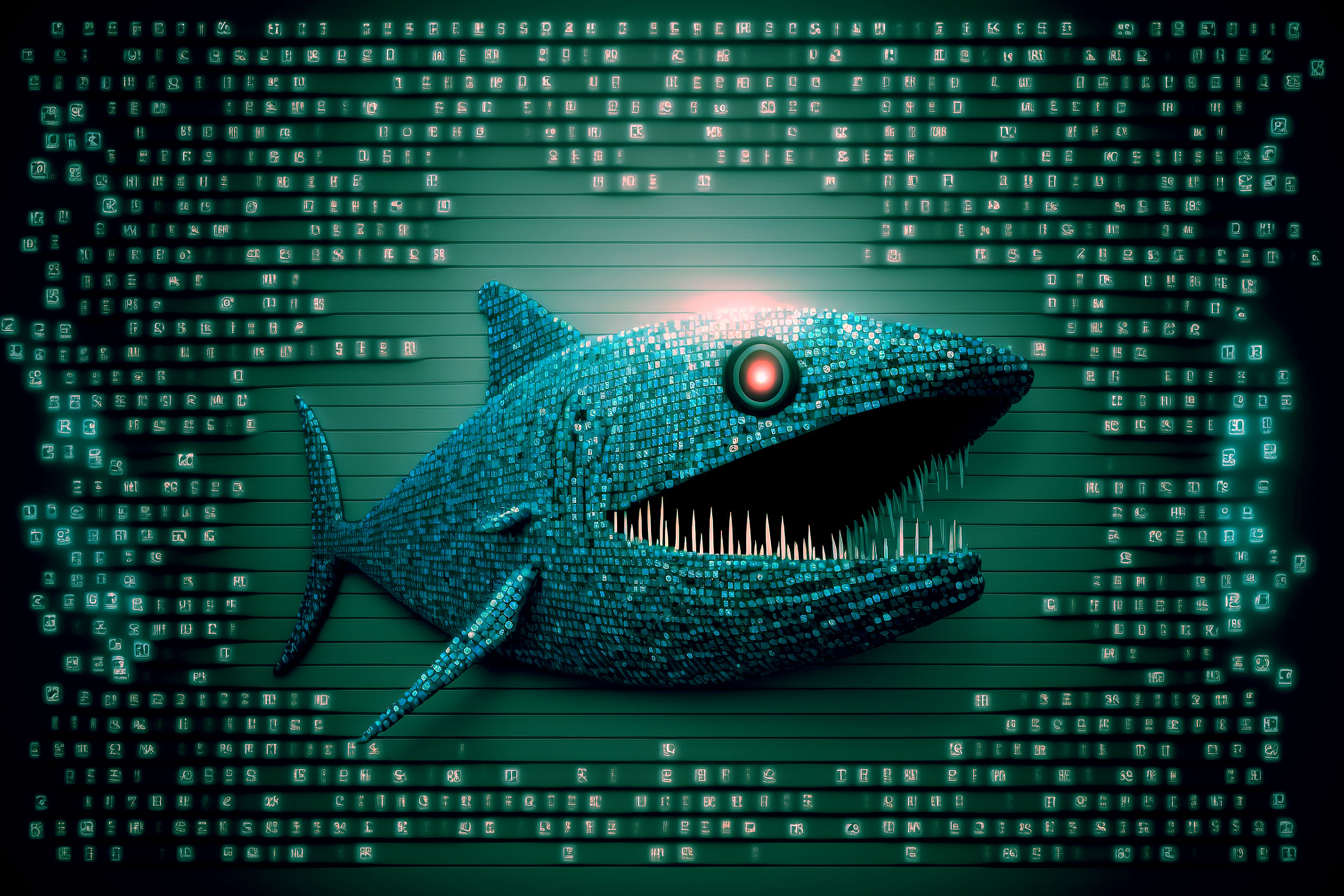 Digital fish with sharp teeth in digital water