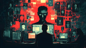 Cyber criminals on computers with identity theft photos on wall