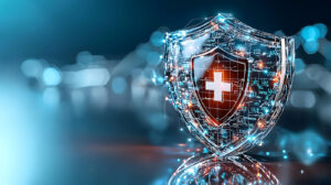 Blue digital security shield with plus sign in the middle