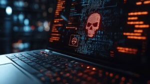 Laptop showing a browser with a skull and malware