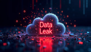 A cloud symbol with the text Data Leak in red surrounded by binary code