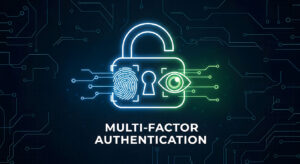 Multi-factor authentication with lock, fingerprint, eye on digital background