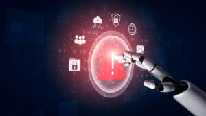 Ai robotic hand pointing at cybersecurity threats