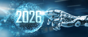 Robotic hand pointing to a digital sphere with the year 2026