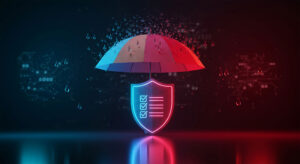 Teal and red cyber shield with umbrella covering it representing cyber insurance